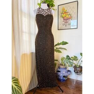Vintage 90s Beaded Prom Dress Black Maxi Dress Gold Sequin High Neck Gown Medium